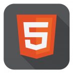 vector illustration of orange shield with html five sign on the screen, isolated web site development icon on white background